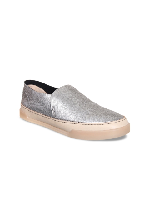 

Clarks Women Silver-Toned Leather Slip-On Sneakers