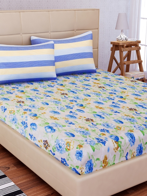 

SEJ by Nisha Gupta Beige & Blue Floral Flat 180 TC Cotton 1 King Bedsheet