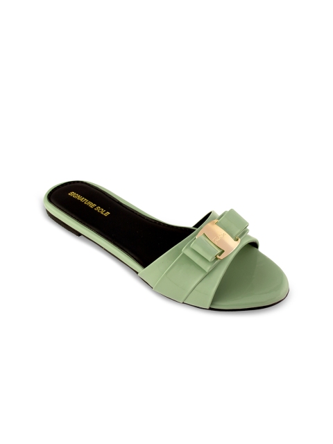 

Signature Sole Women Green Solid Synthetic Patent Open Toe Flats