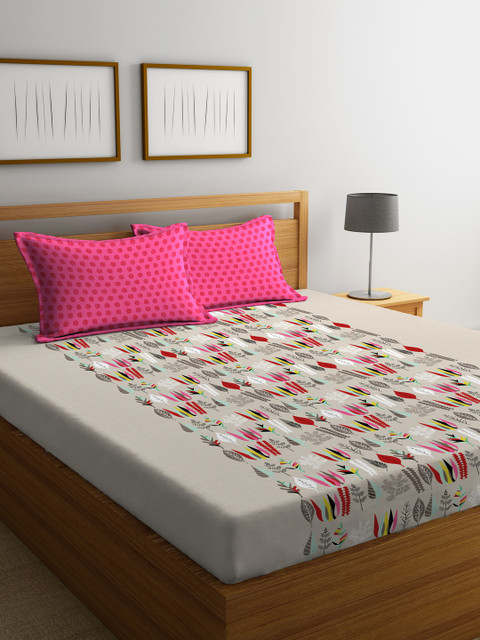 

Portico New York Beige Floral Flat 144 TC Cotton 1 Queen Bedsheet with 2 Pillow Covers