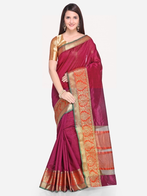 

Satrani Burgundy & Orange Poly Silk Woven Design Kanjeevaram Saree