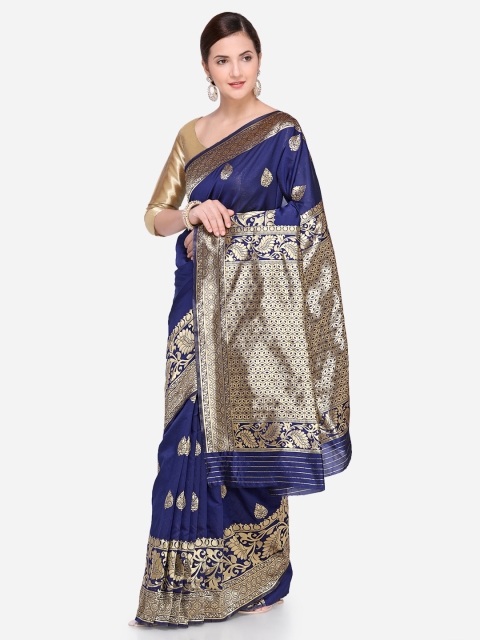 

Satrani Navy Blue Woven Design Poly Silk Saree