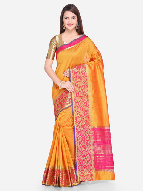 

Satrani Yellow & Pink Poly Silk Woven Design Kanjeevaram Saree