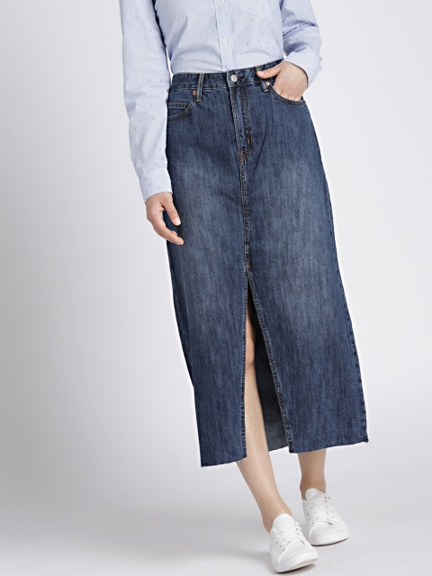

GAP Women Blue Washed Denim Midi Pure Cotton Skirt with Front Slit