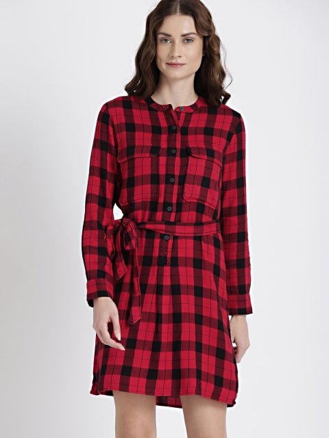 

GAP Women Red & Black Plaid Shirt Dress
