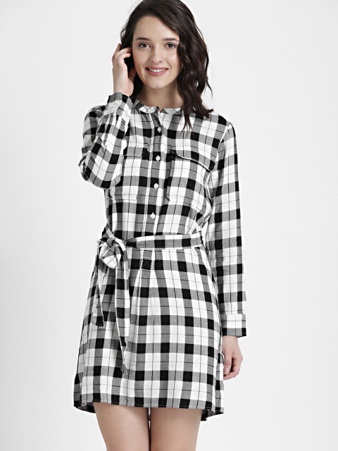 

GAP Women White & Black Plaid Shirt Dress