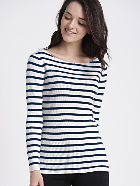 

GAP Women's Off-White & Navy Pullover Boatneck Sweater, Navy blue