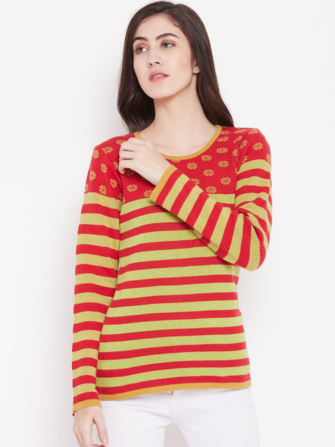 

American Eye Women Red & Green Striped Pullover