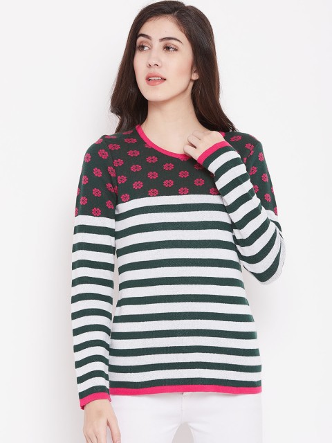 

American Eye Women Green & White Striped Sweater