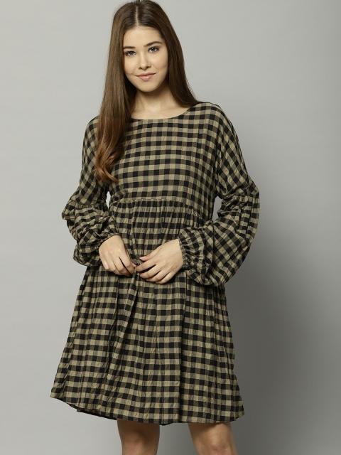 

Marks & Spencer Women Olive and Black Gingham Check A-Line Dress