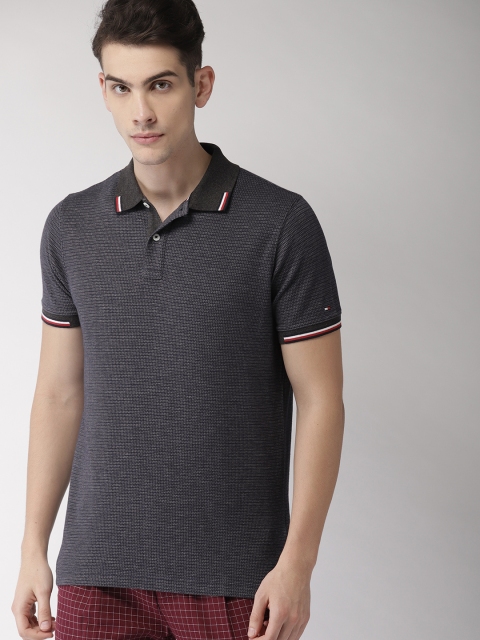 

Tommy Hilfiger Men Navy & Grey Slim Fit Self-Design Polo Collar T-shirt, Navy blue