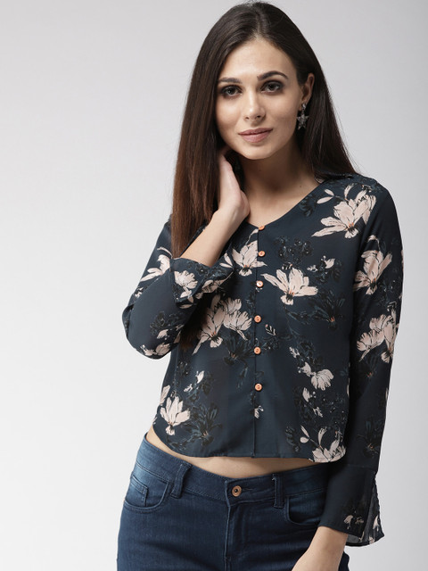 

Style Quotient by noi Women Navy & Beige Printed Crop Casual Shirt, Navy blue