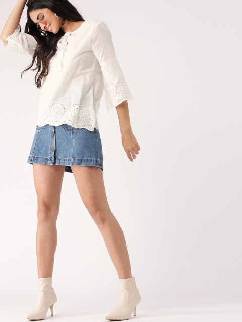 

DressBerry Women White Solid Top with Schiffli Embroidered Detail