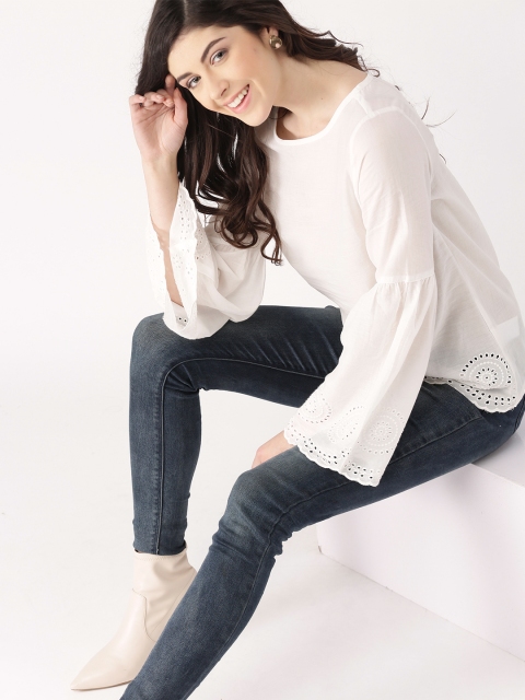 

DressBerry Women White Solid Top with Schiffli Embroidered Detail