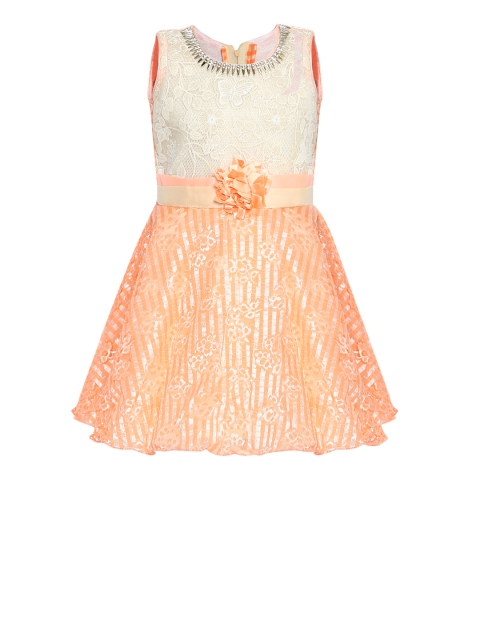 

Aarika Girls Peach-Coloured Self Design Fit and Flare Dress