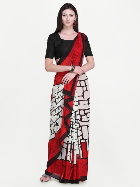 

Ligalz White & Red Poly Chiffon Printed Saree