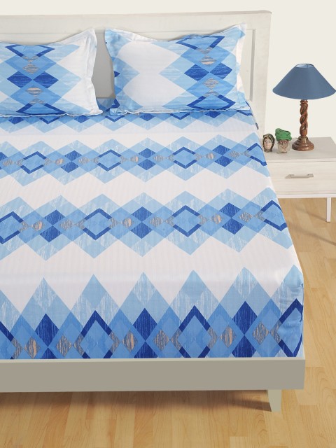 

Swayam White & Blue Satin 250 TC Printed Bedding Set