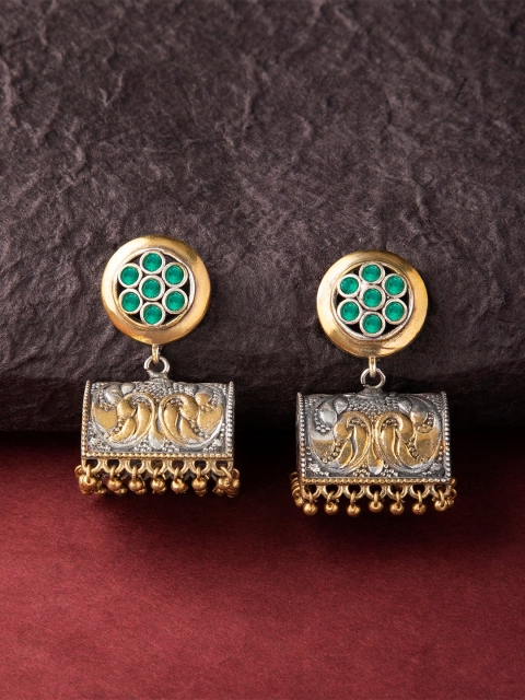 

Rubans Green & Gold-Toned Handcrafted Silver-Plated Classic Jhumkas