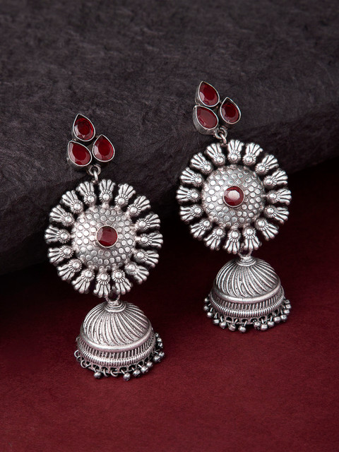 

Rubans Red Silver-Plated Handcrafted Classic Jhumkas