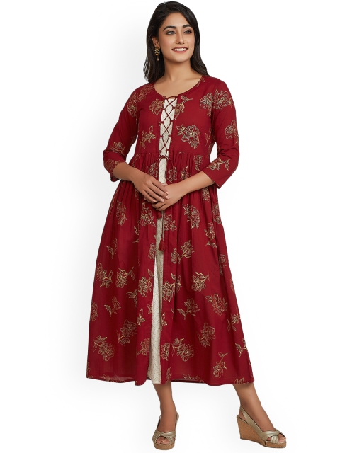 

anayna Women Maroon & Gold-Toned Floral Print Anarkali Kurta