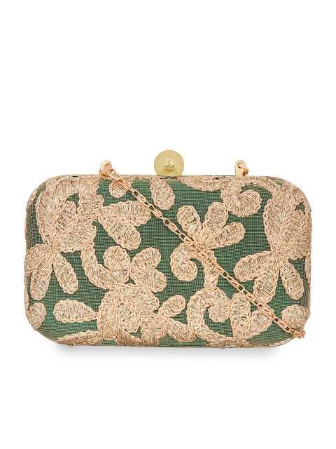 

ZAREGARE Gold-Toned & Green Embroidered Box Clutch