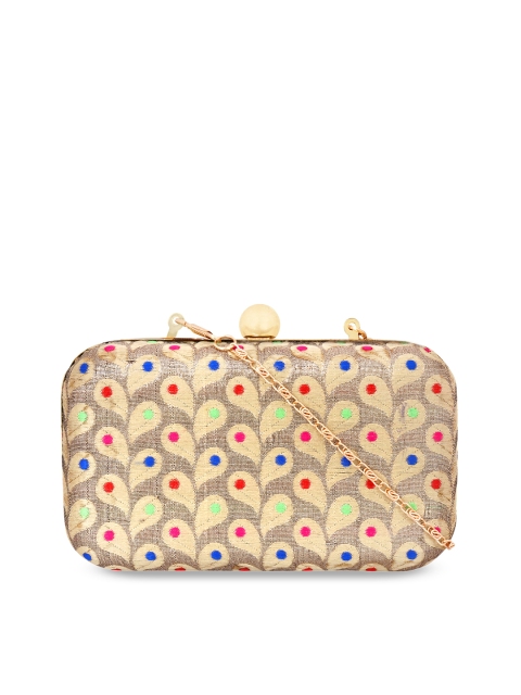 

ZAREGARE Gold-Toned & Multicoloured Embroidered Clutch