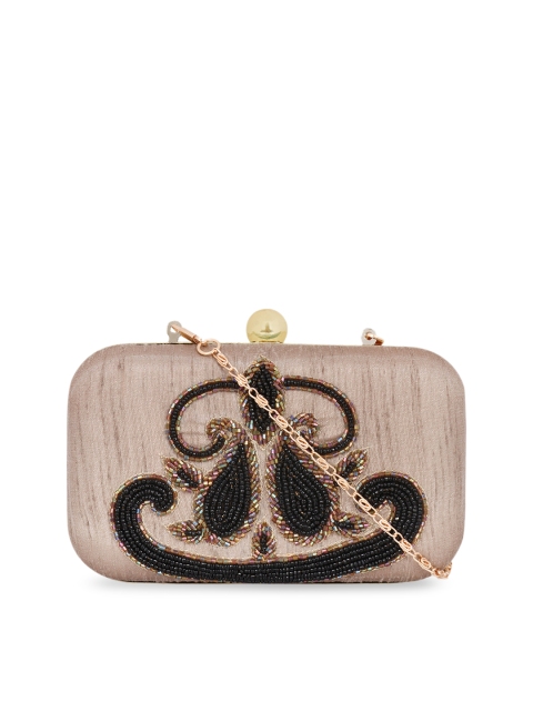 

ZAREGARE Taupe & Black Embroidered Box Clutch