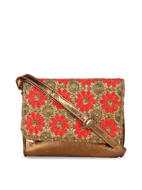 

ZAREGARE Orange & Copper-Toned Embroidered Sling Bag