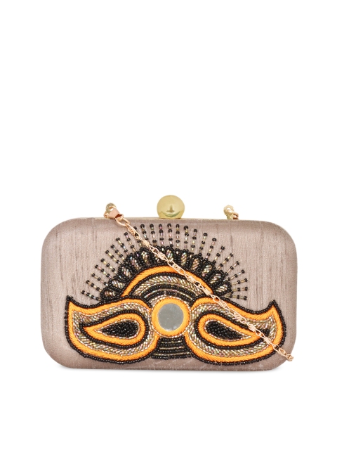 

ZAREGARE Taupe & Black Embroidered Embroidered Clutch