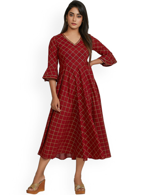 

anayna Women Maroon Checked Fit and Flare Dress