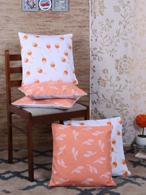 

RANGRAGE Peach-Coloured & Blue Set of 5 Floral Square Cushion Covers