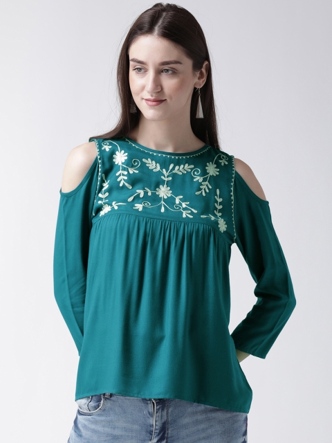 

MsFQ Women Green Embroidered A-Line Top