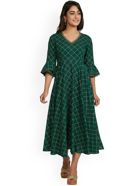 

anayna Women Green Checked Fit and Flare Dress