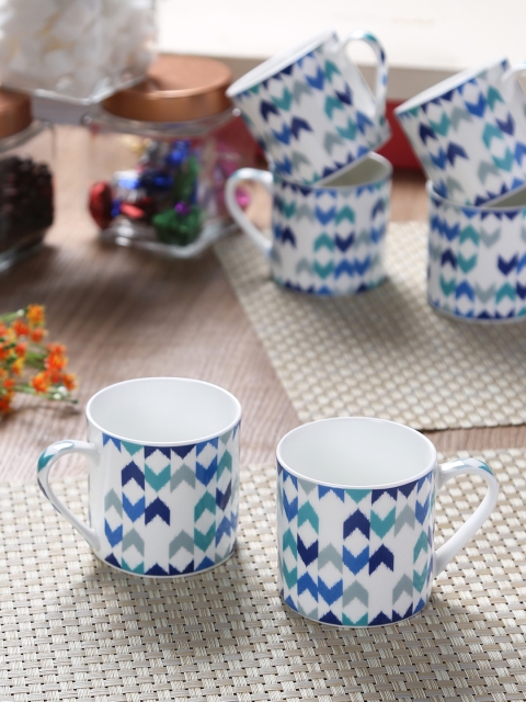 

GOODHOMES White & Blue 6-Pieces Printed Bone China Cups Set