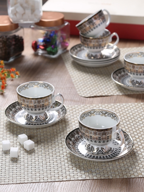 

GOODHOMES White & Black Set Of 12 Printed Bone China Cups with Saucers