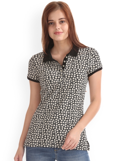 

GAP Women Black Printed Polo Collar T-shirt