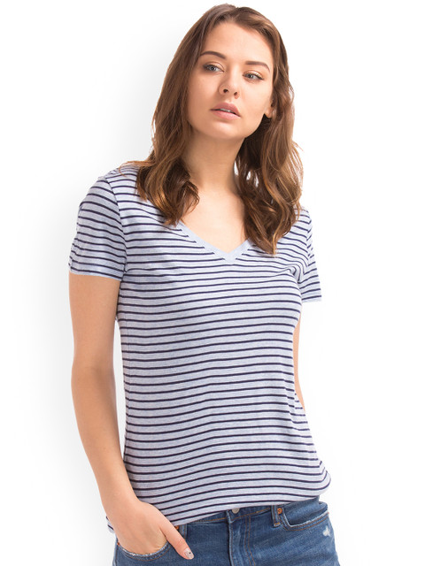 

GAP Women Striped V-Neck T-Shirt, Blue