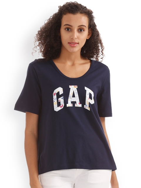 

GAP Women Navy Blue Logo Short Sleeve U-Neck T-Shirt