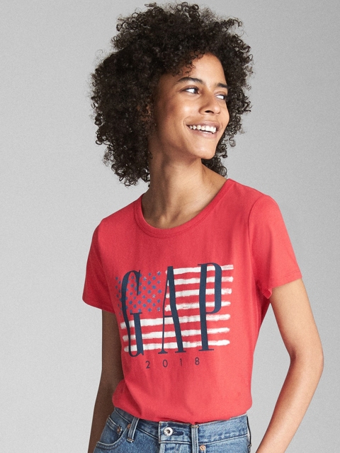

GAP Women Red Printed Logo Flag Short Sleeve Crewneck T-Shirt