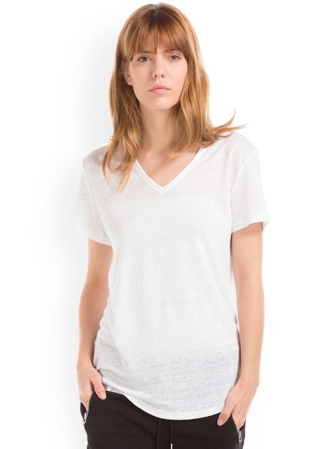 

GAP Women White Linen V-Neck T-shirt