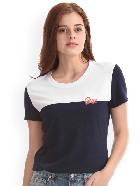 

GAP Women Navy Blue & White Short Sleeve Colour Block T-shirt