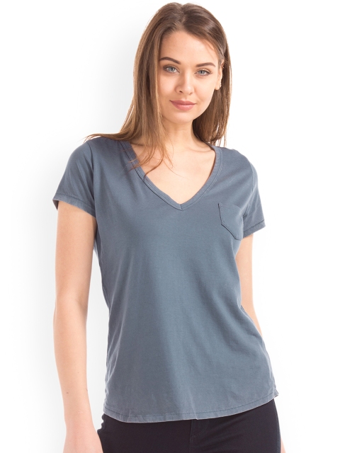 

GAP Women Vintage Wash Sueded Navy Blue V-Neck T-shirt