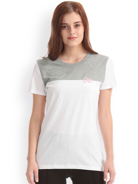 

GAP Women White & Grey Short Sleeve Colour Block T-shirt