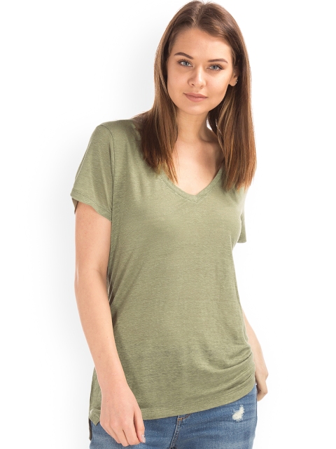 

GAP Women Olive Green Linen V-Neck T-shirt