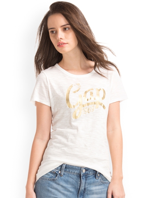 

GAP Women White Cursive Logo Scoop T-shirt