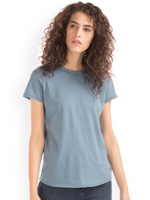 

GAP Women Vintage Wash Sueded Blue Crew Neck T-shirt