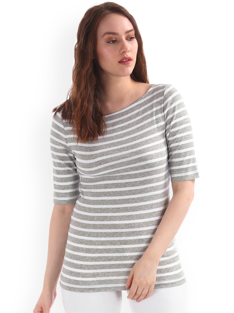 

GAP Women Striped Boat Neck T-shirt, Grey