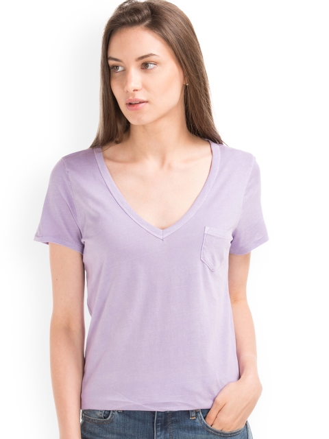 

GAP Women Vintage Wash Sueded Purple V-Neck T-shirt