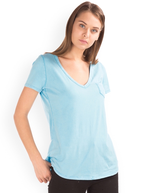

GAP Women Vintage Wash Sueded Blue V-Neck T-shirt