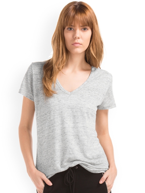 

GAP Women Grey Linen V-Neck T-shirt